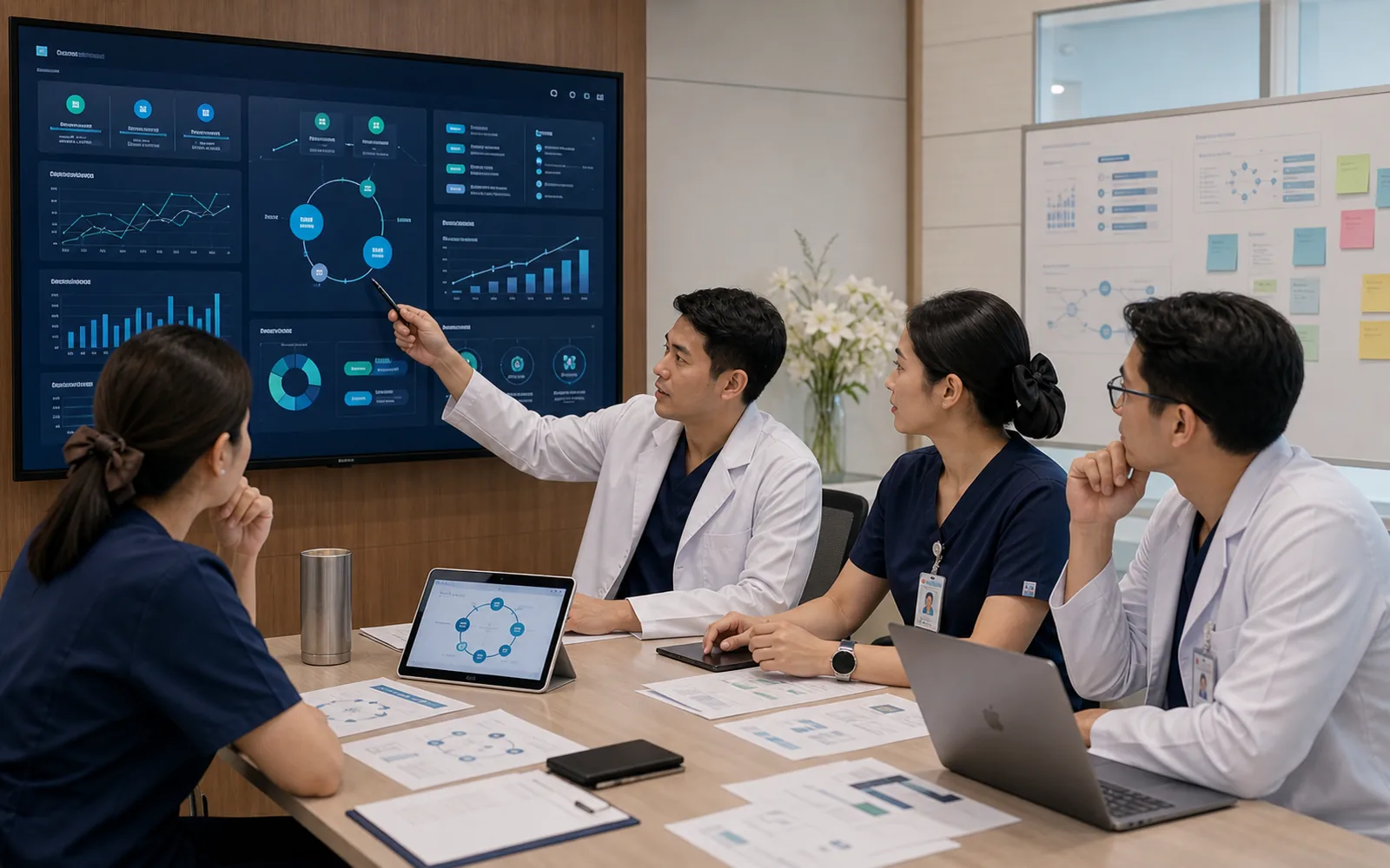 ทีมคุณภาพโรงพยาบาลไทยกำลังทบทวนวงจรข้อมูล CQI บนจอและ tablet